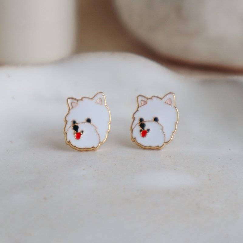 西高地白梗 West Highland White Terrier 夹式耳环 生日礼物 狗 - 耳环/耳夹 - 珐琅 白色