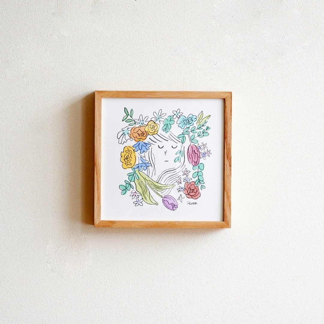 HATCH×DENTO | 插画 Flower 21*21 含画框 - 画框/相框 - 木头 