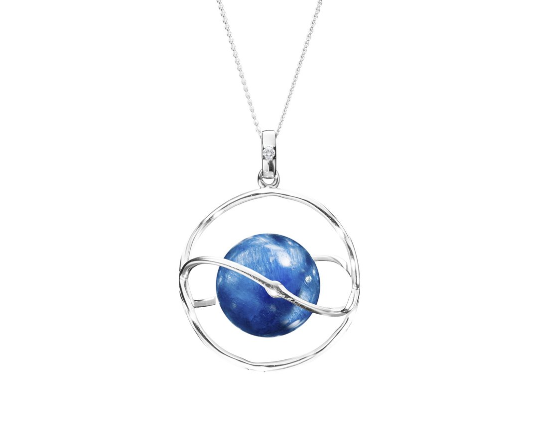 14k白金蓝晶石锁骨链 皇家蓝土星金项链轻珠宝 钻石星球光环坠子 - 锁骨链 - 贵金属 蓝色