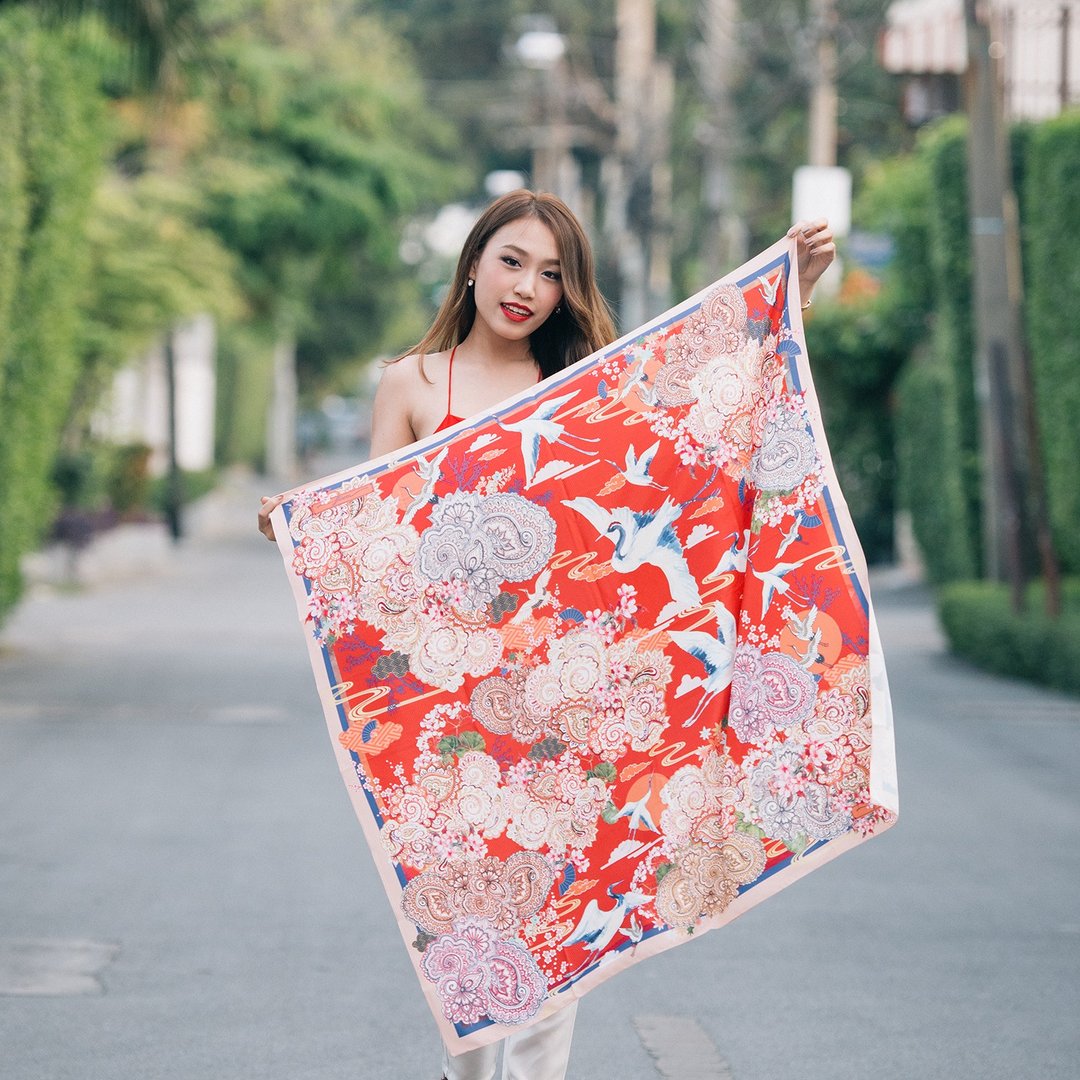 樱花与云中鹤 - （红宝石色）手工印制围巾／丝巾(Blissfulness Scarf-Ruby Red Colour (Scarf of Joy and long live)) - 丝巾 - 其他材质 红色
