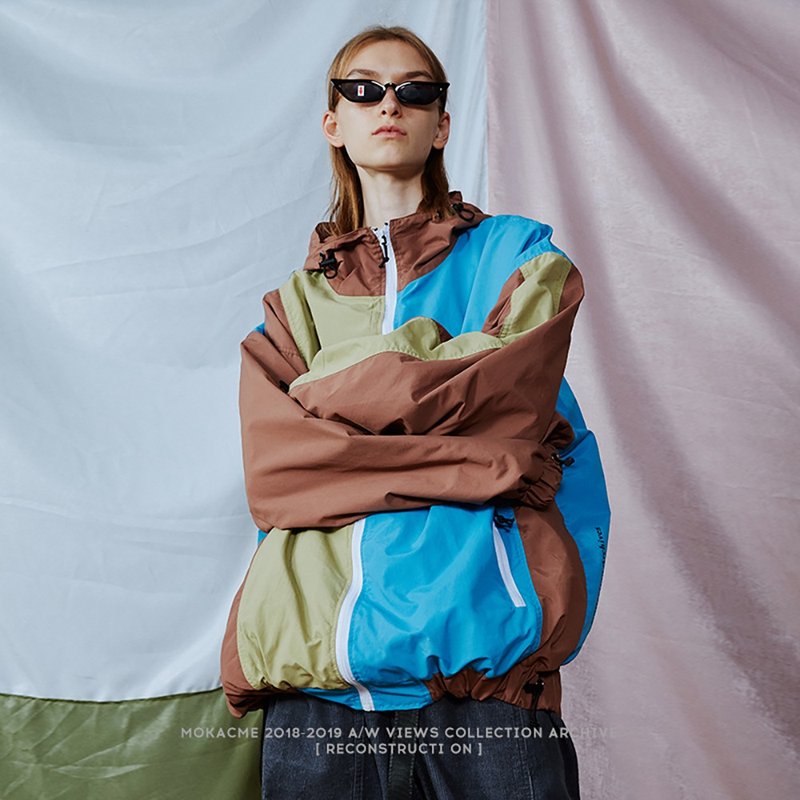 MOKACME 拼色运动束绳连帽尼龙冲锋衣风衣外套 - 男装外套 - 聚酯纤维 多色