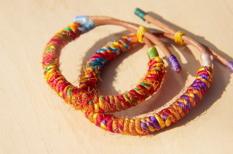 圣诞礼物 手捻纱丽线真皮手绳 手环 手镯-限定阳光橘红色(可调式) - 手链/手环 - 棉．麻 多色