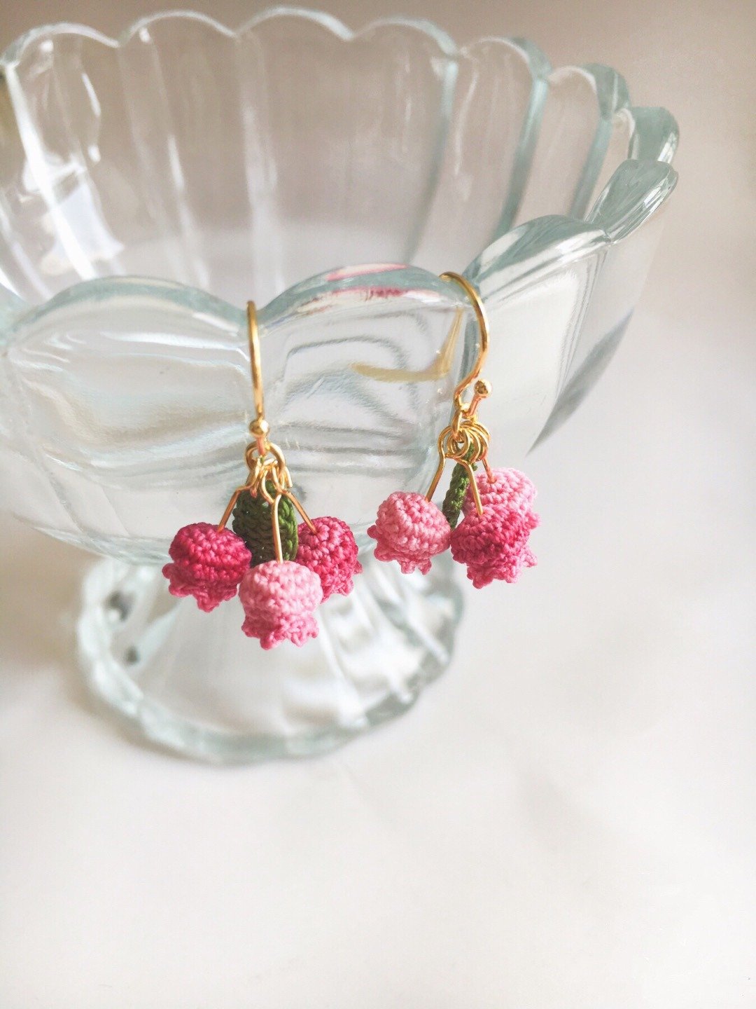 微鈎兰铃花风铃花耳环 Amigurumi (Weave) Bluebell Earrings - 耳环/耳夹 - 绣线 粉红色