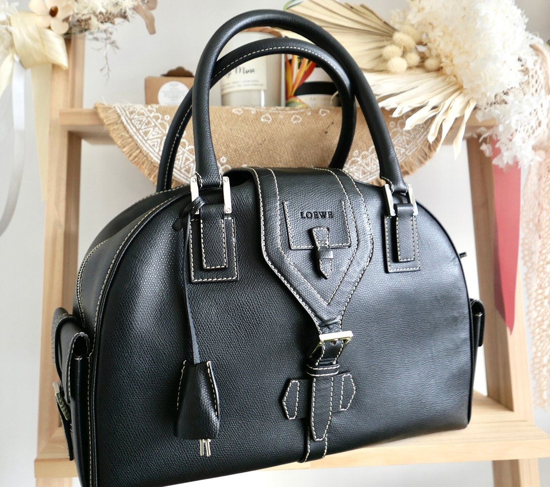 稀有 - LOEWE中古古董黑色皮革保龄球包 - 手提包/手提袋 - 真皮 黑色