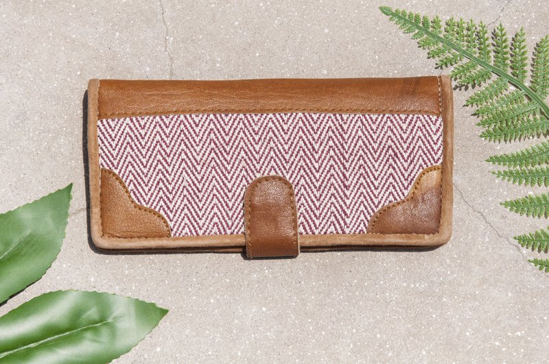 手工棉麻拼接皮革长夹/长皮夹/零钱包/编织皮夹-植物染红山丘皮夹 - 皮夹/钱包 - 棉．麻 红色