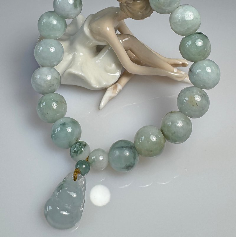 F50 冰润晴水飘花 12MM 老料翡翠 葫芦福禄双全 缅甸玉 手串 手珠 - 项链 - 玉石 绿色