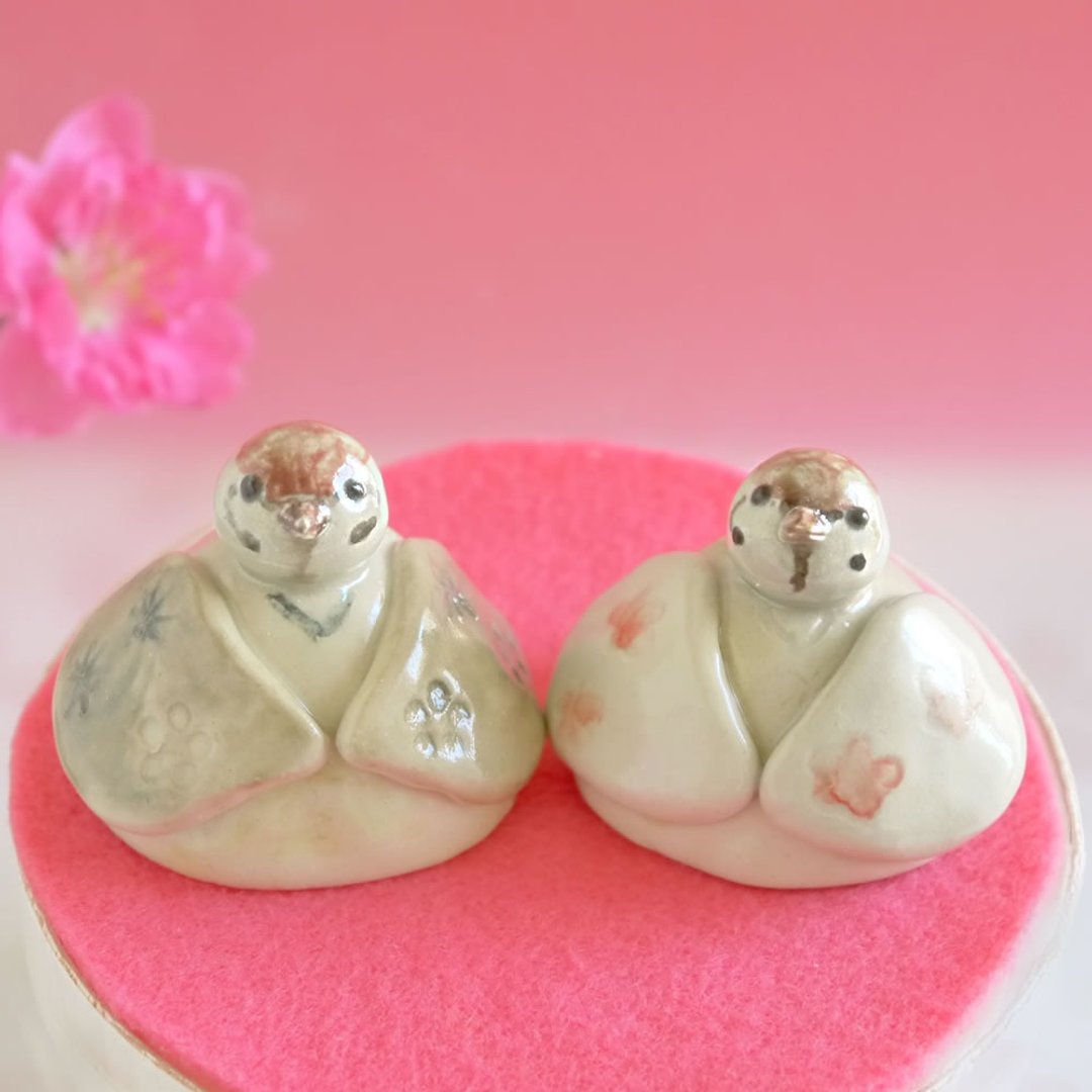 Small sparrow seeds Pottery hina dolls - 花瓶/陶器 - 瓷 粉红色