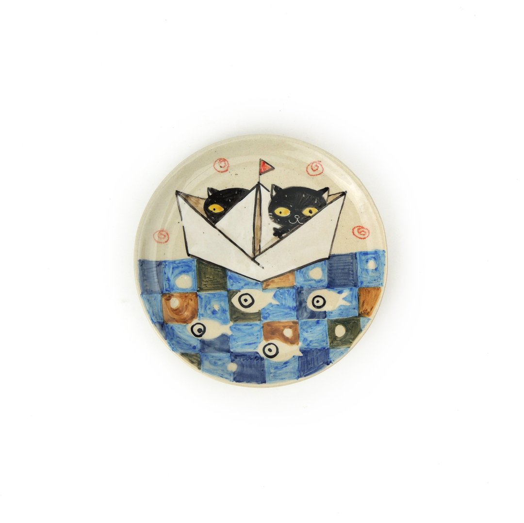 Nice Little Clay 手工浅盘 帆船黑猫 0303-61 - 浅碟/小碟子 - 陶 白色