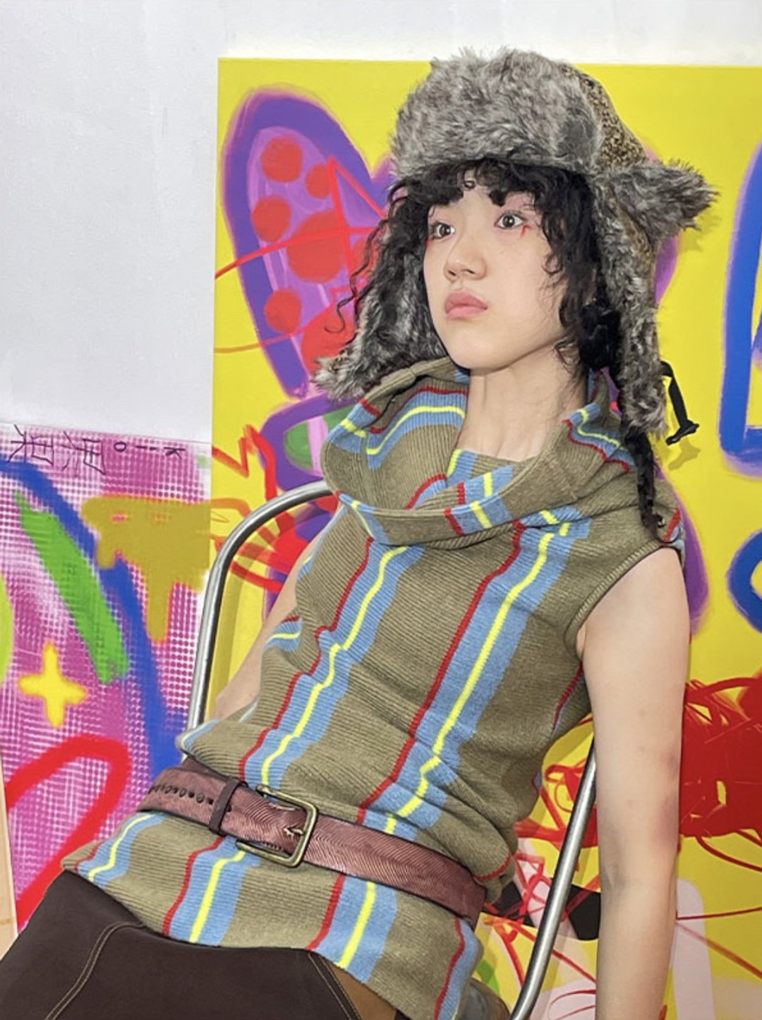 復古蓝棕撞色 高领套头条纹堆堆背心 超有造型感 - 女装上衣 - 其他材质 多色