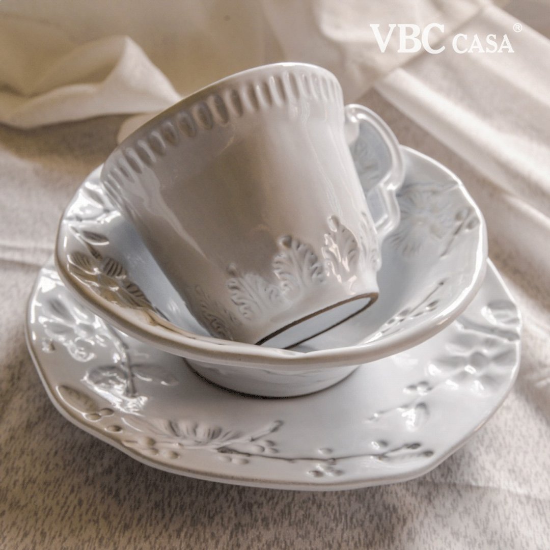 【优惠套组】意大利VBC casa纯白花朵系列-单人早餐杯盘3件组 - 盘子/餐盘/盘架 - 陶 白色
