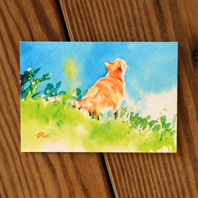 水彩绘毛孩系列明信片 - 绿坡仰望 - 卡片/明信片 - 纸 蓝色