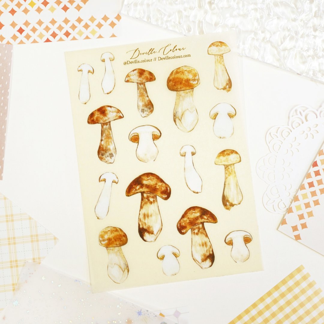 【美味牛肝菌菇】水彩插画 和纸贴纸 手帐 自然 菇菌 蘑菇 - 贴纸 - 纸 咖啡色