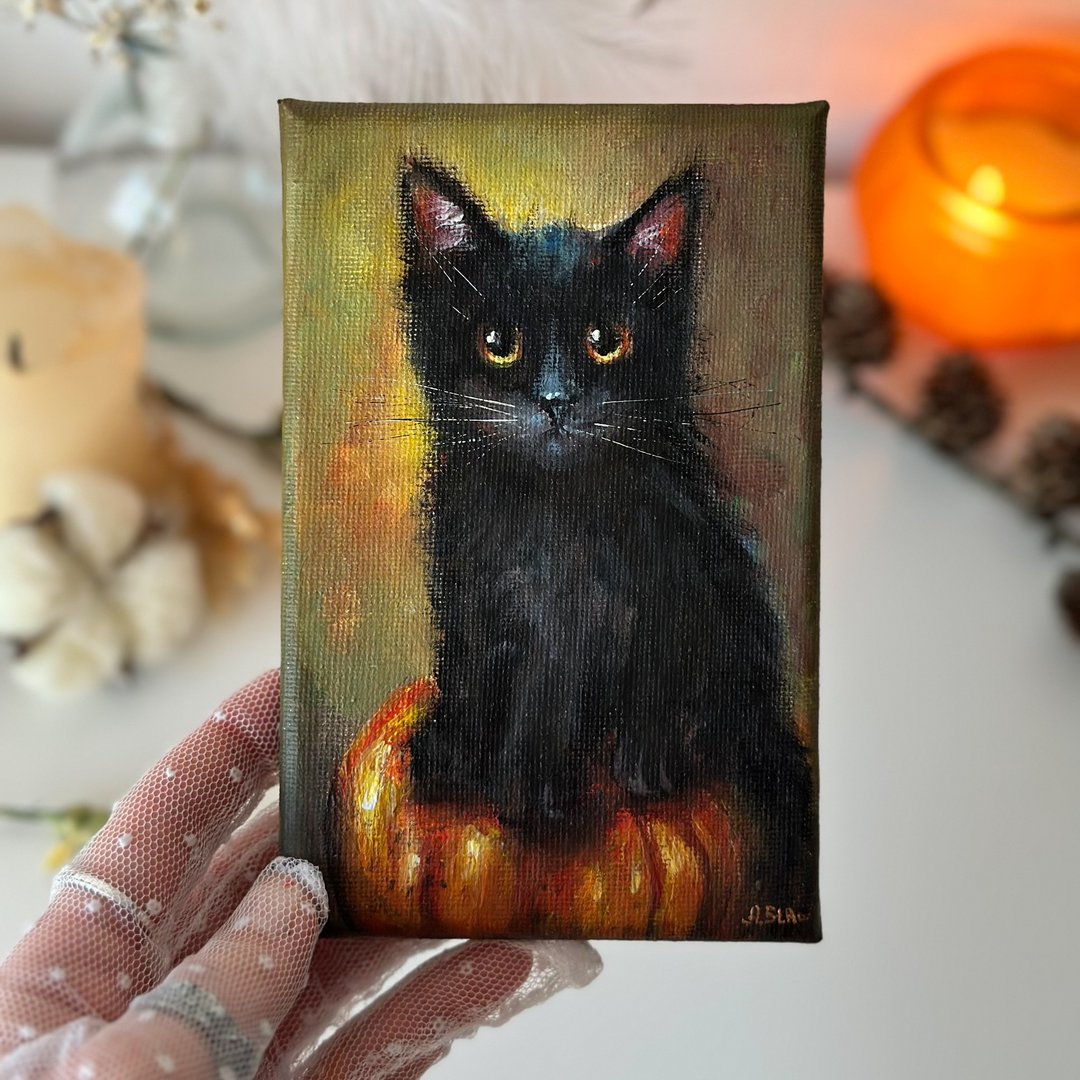 黑猫画布画作，可爱动物，猫咪壁挂艺术，黑猫幼猫，猫咪装饰 - 墙贴/壁贴 - 棉 多色