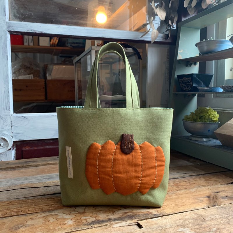 香橙南瓜手提袋/草绿底 - 手提包/手提袋 - 棉．麻 橘色