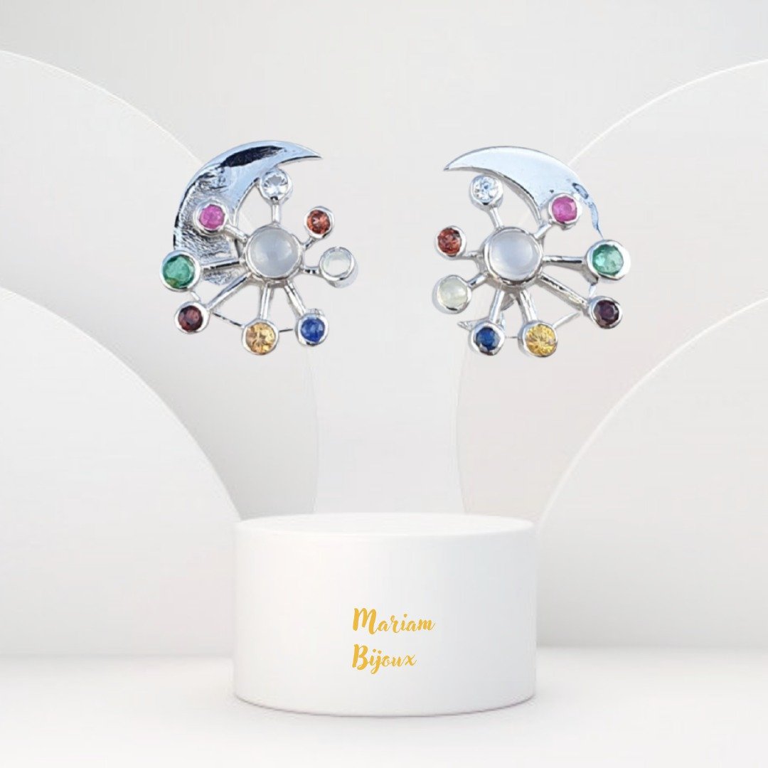 Real gemstone earrings, multi-color sapphire, 925 Silver, white gold plated - 耳环/耳夹 - 宝石 多色