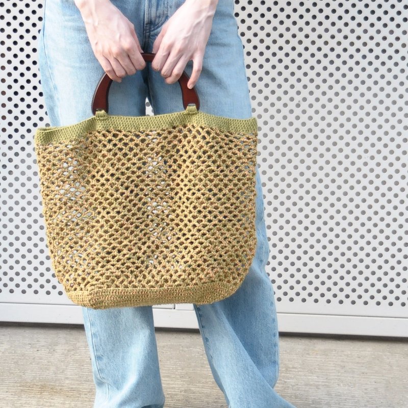 焙茶甜橘手提包/绿橘编织/日本木提把/编织包 - 手提包/手提袋 - 棉．麻 绿色