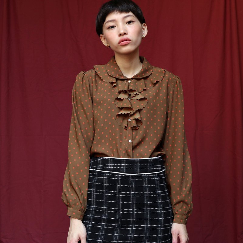南瓜Vintage。古着水玉点点衬衫 - 女装衬衫 - 其他材质 咖啡色