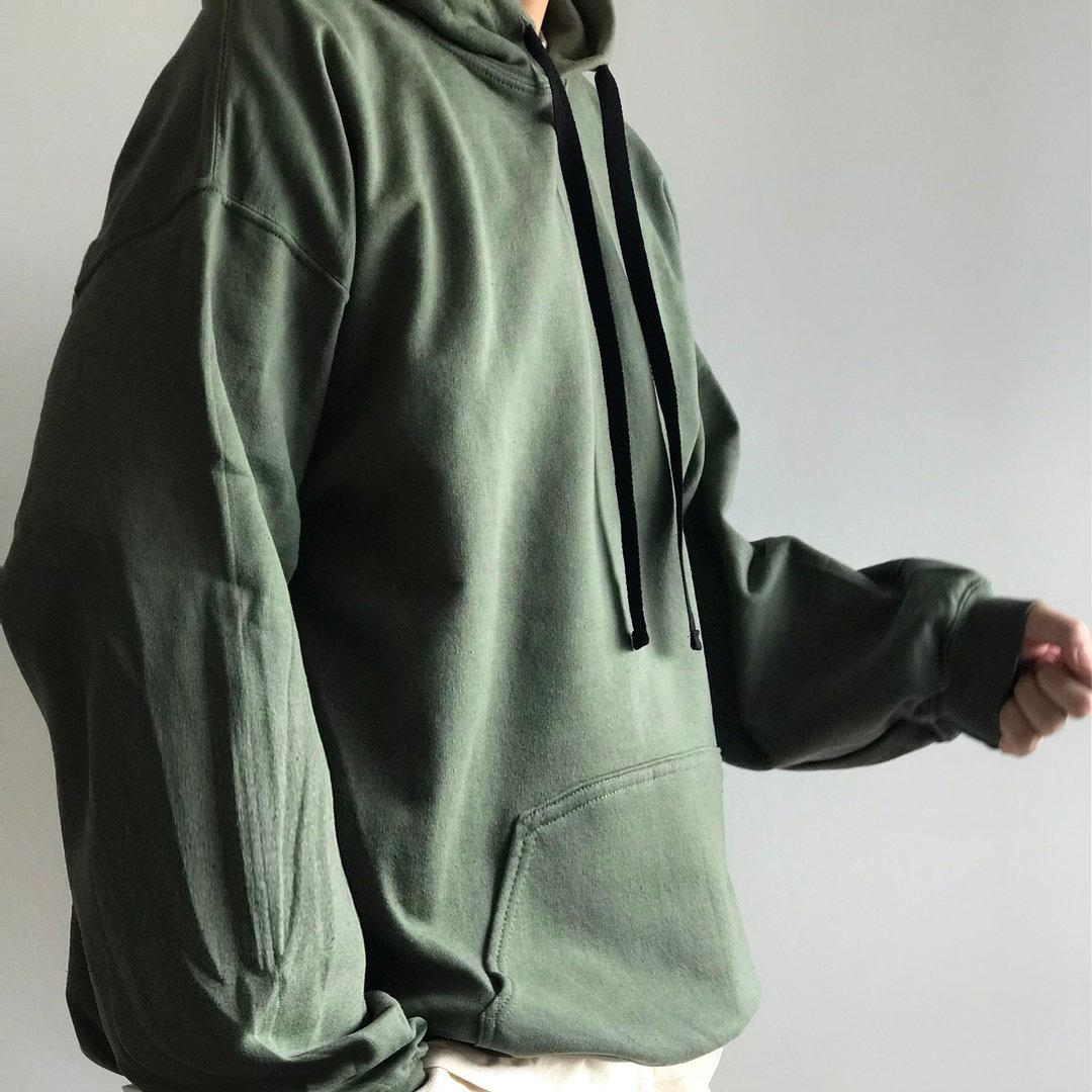 Big silhouette hoodie / smoke green / plain / hand embroidery / unisex - 中性连帽卫衣/T 恤 - 棉．麻 绿色