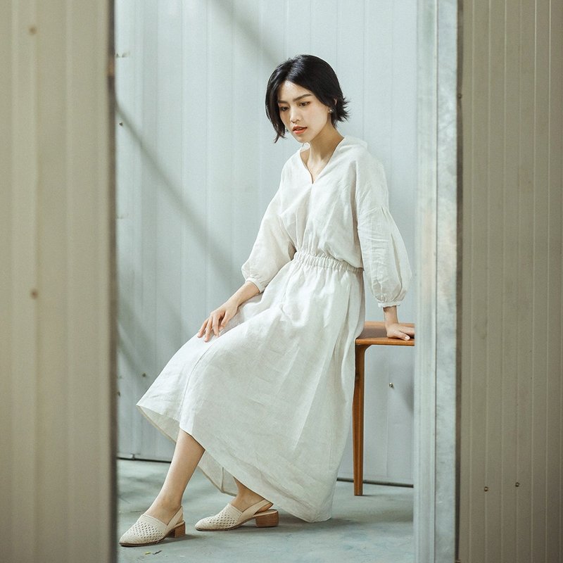 米白色 松露花园 亚麻法式田园风泡泡袖洋装 宫廷复古八分袖洋装 - 洋装/连衣裙 - 棉．麻 白色