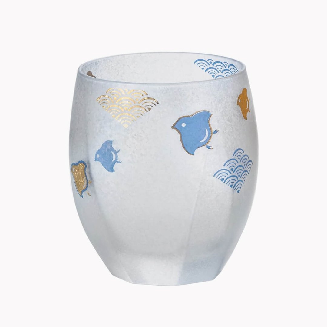 345cc【日本ADERIA】夏日祭典 波千鸟 刻字玻璃杯 描金吉祥图案 - 酒杯/酒器 - 玻璃 蓝色