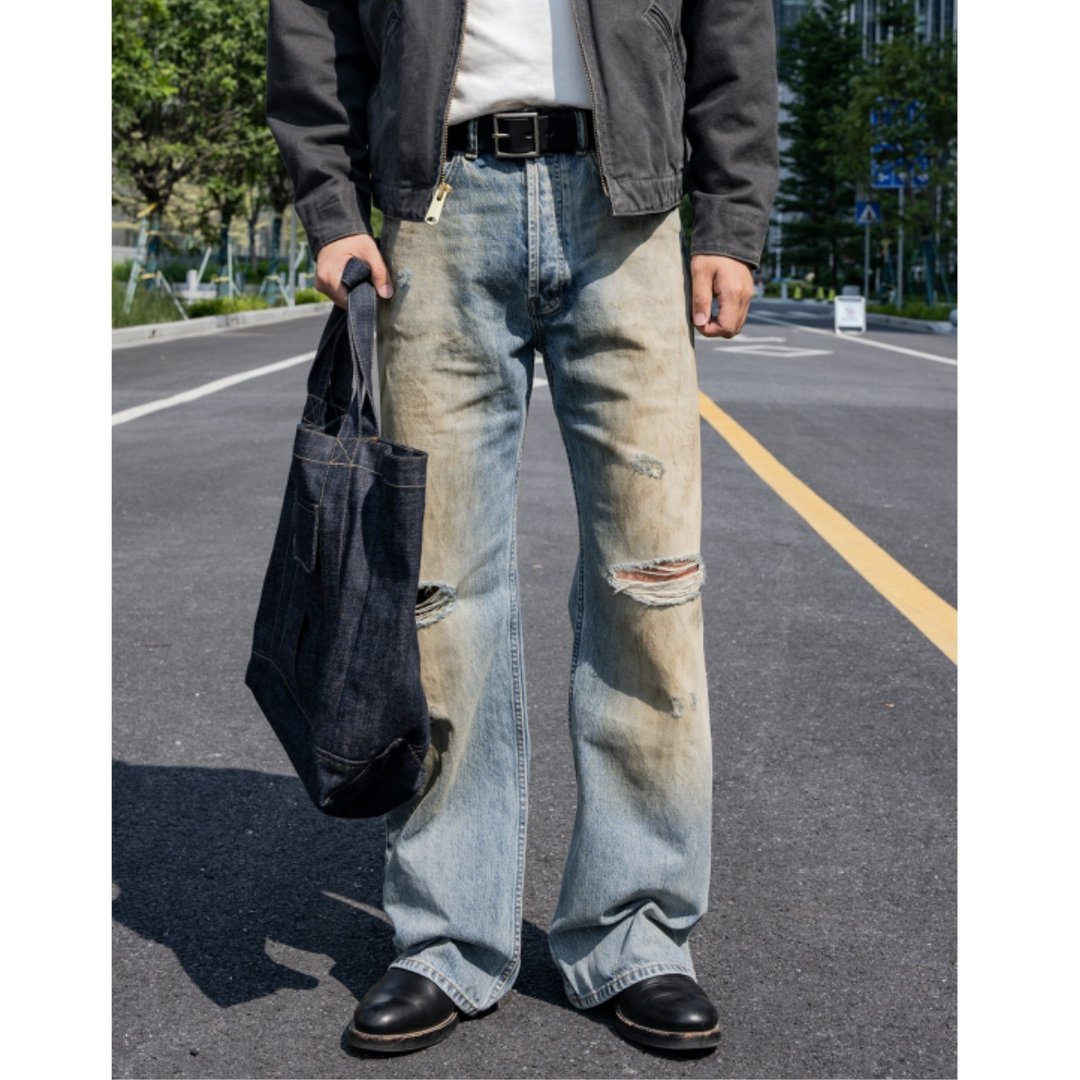 洗水牛仔长裤 手工泥染 13oz 高腰喇叭 复古做旧 褪色 老式缝纫机 - 男士长裤 - 棉 蓝色