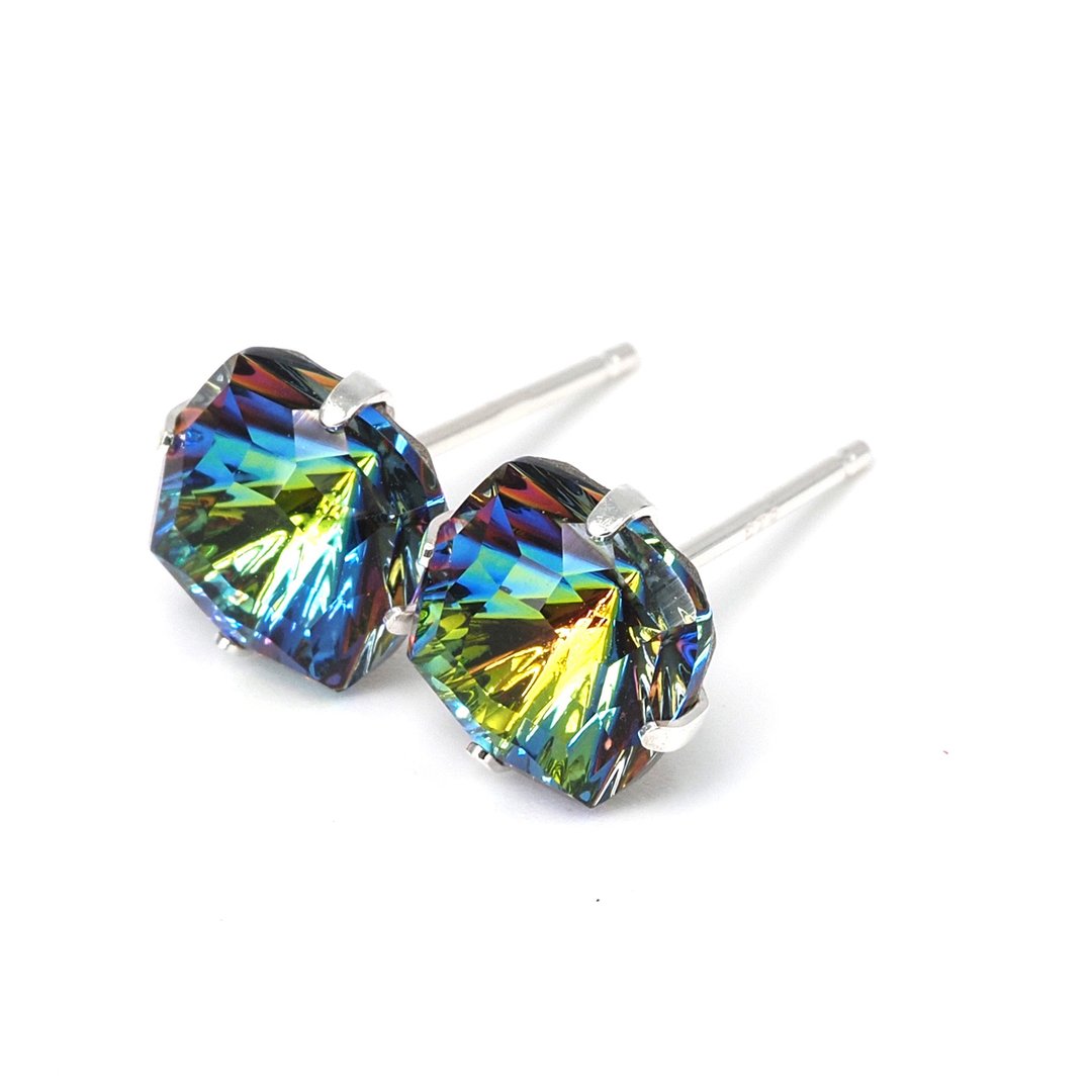 Night Fireworks Square Swarovski Crystal Earrings, Sterling Silver, 8mm Square - 耳环/耳夹 - 纯银 多色
