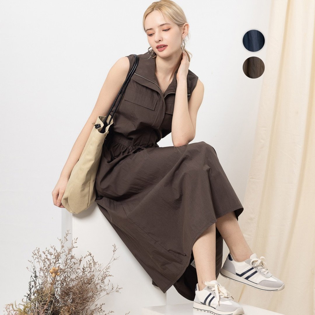 【MEDUSA】天丝棉拉链立领收腰长洋装 - 2色(M-XL) | 无袖休闲 - 洋装/连衣裙 - 棉 绿色