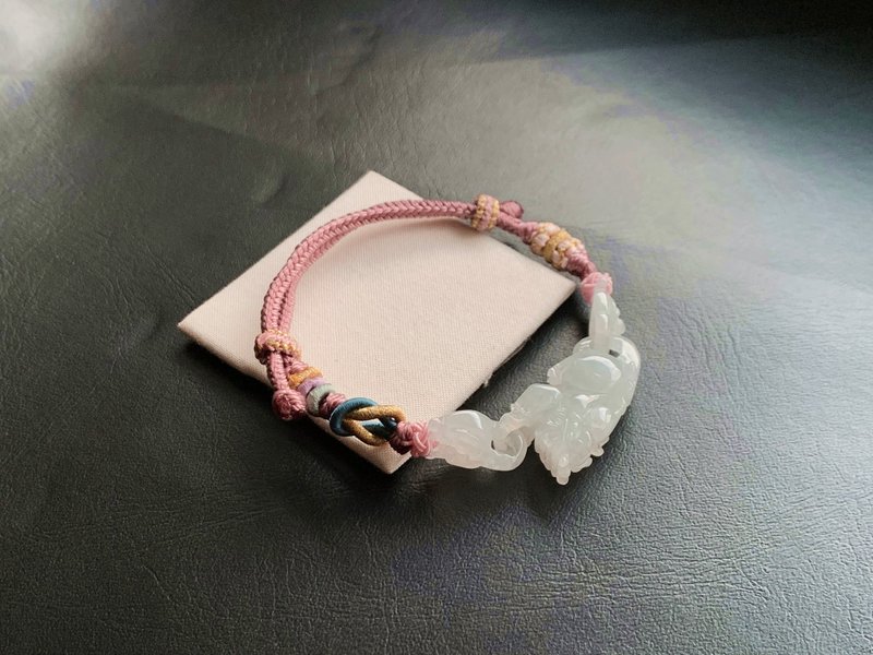 免费开光 天然缅甸玉翡翠冰种白翡貔貅手链 篓空雕刻如意 编织款 - 手链/手环 - 玉石 白色