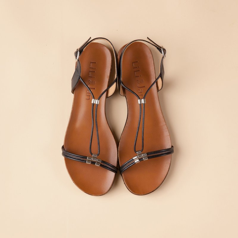 【巴黎不打烊】全牛皮美背可调式系带凉鞋-黑色 - 男女凉鞋 - 真皮 黑色