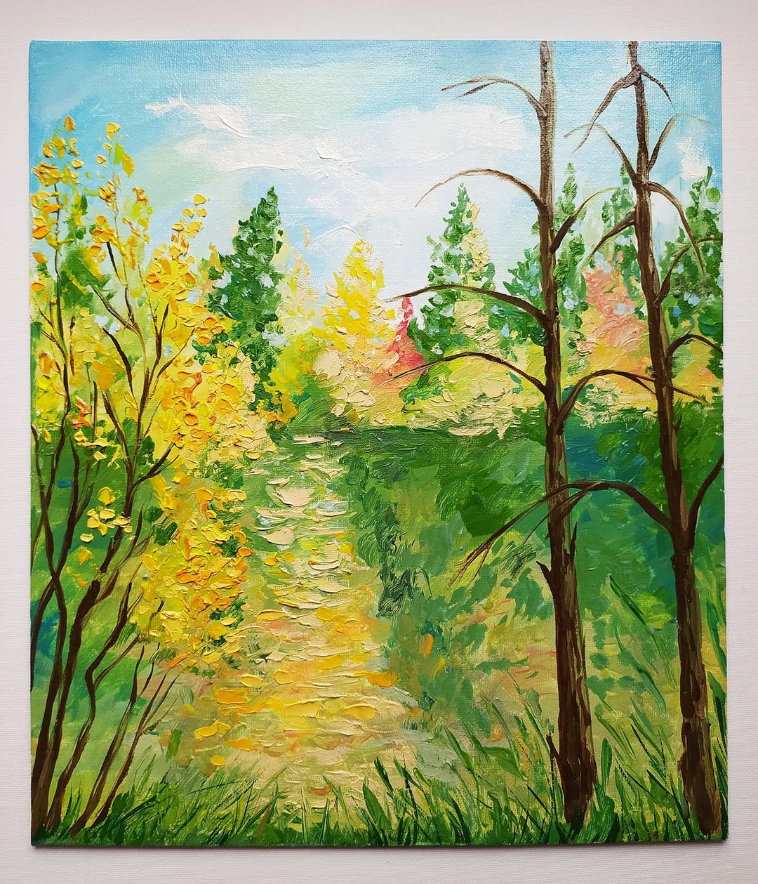 Autumn in the forest oil painting impasto original art forest landscape oil - 墙贴/壁贴 - 其他材质 绿色