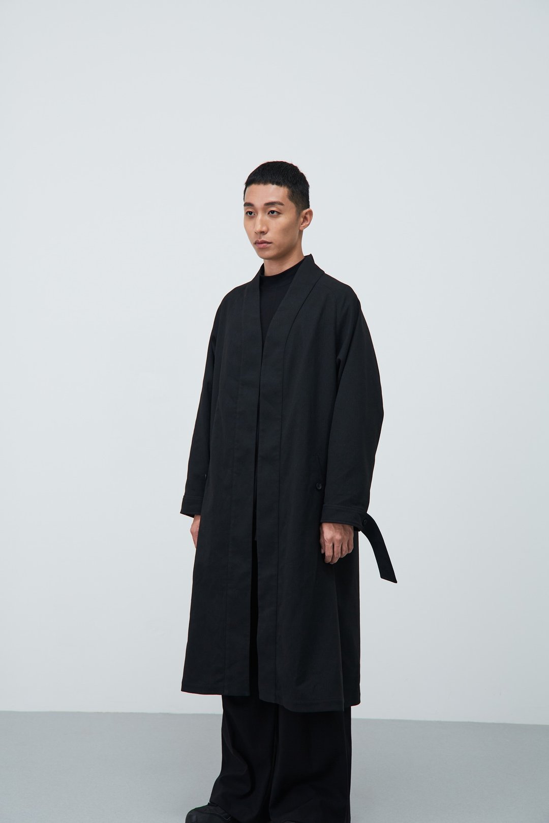 羊毛开襟和式长袍 Wool Long Gown - 男装外套 - 羊毛 黑色