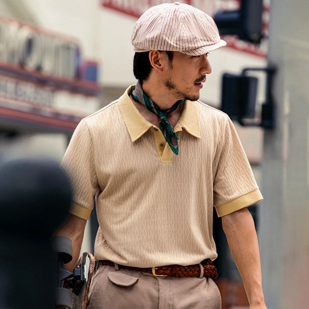 SOARIN凉感拼接菱格纹休闲POLO(222P608) - 男装上衣/T 恤 - 聚酯纤维 黄色