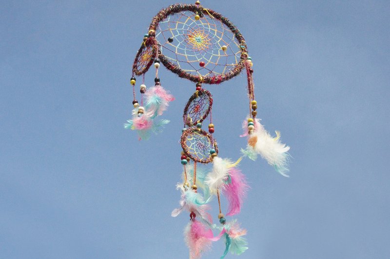 圣诞节礼物 限量一件 手工编织棉麻彩虹色捕梦网吊饰 - 手捻纱丽线 彩色系 彩虹 ( 五圈一组 ) - 墙贴/壁贴 - 棉．麻 多色