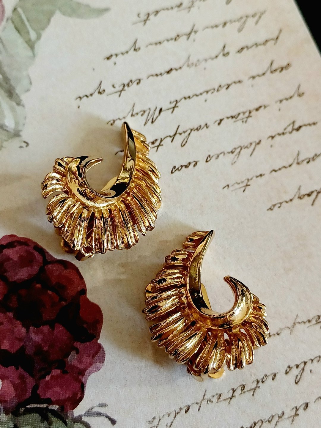 vintage jewelry  CORO古董金色蕨叶 夹式耳环 - 耳环/耳夹 - 其他金属 
