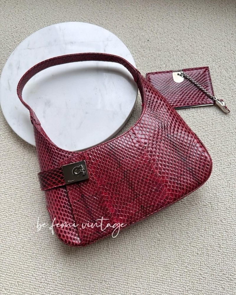 中古Salvatore Ferragamo酒红蛇皮腋下包 - 侧背包/斜挎包 - 真皮 红色