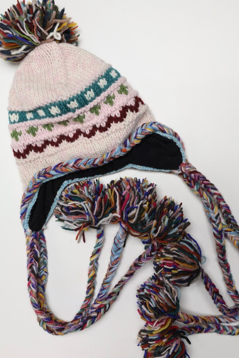 民族风粉色七球辫子帽纯羊毛线手工编织全衬防风毛帽子护耳帽保暖 - 帽子 - 羊毛 粉红色