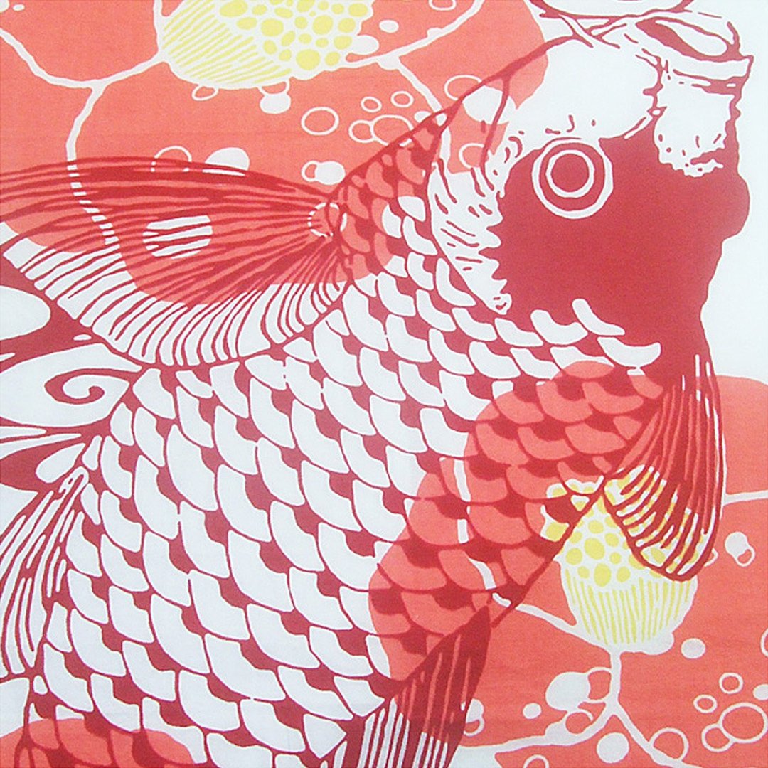 日本手拭巾 鲤鱼与山茶花 手捺染工艺特冈棉布巾 - 手帕/方巾 - 棉．麻 红色