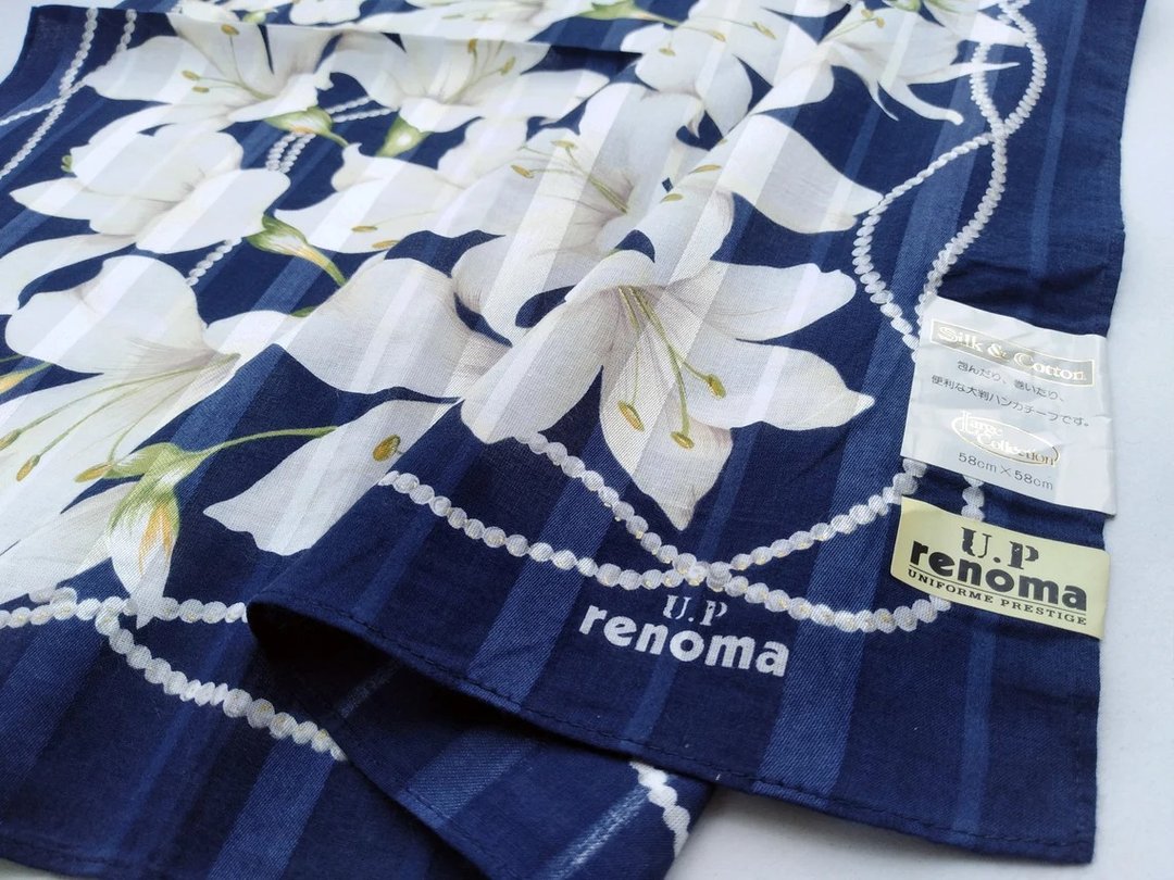 U.P renoma Vintage Handkerchief Women Handkerchief Lily 23 x 22.5 inches - 丝巾 - 棉 蓝色