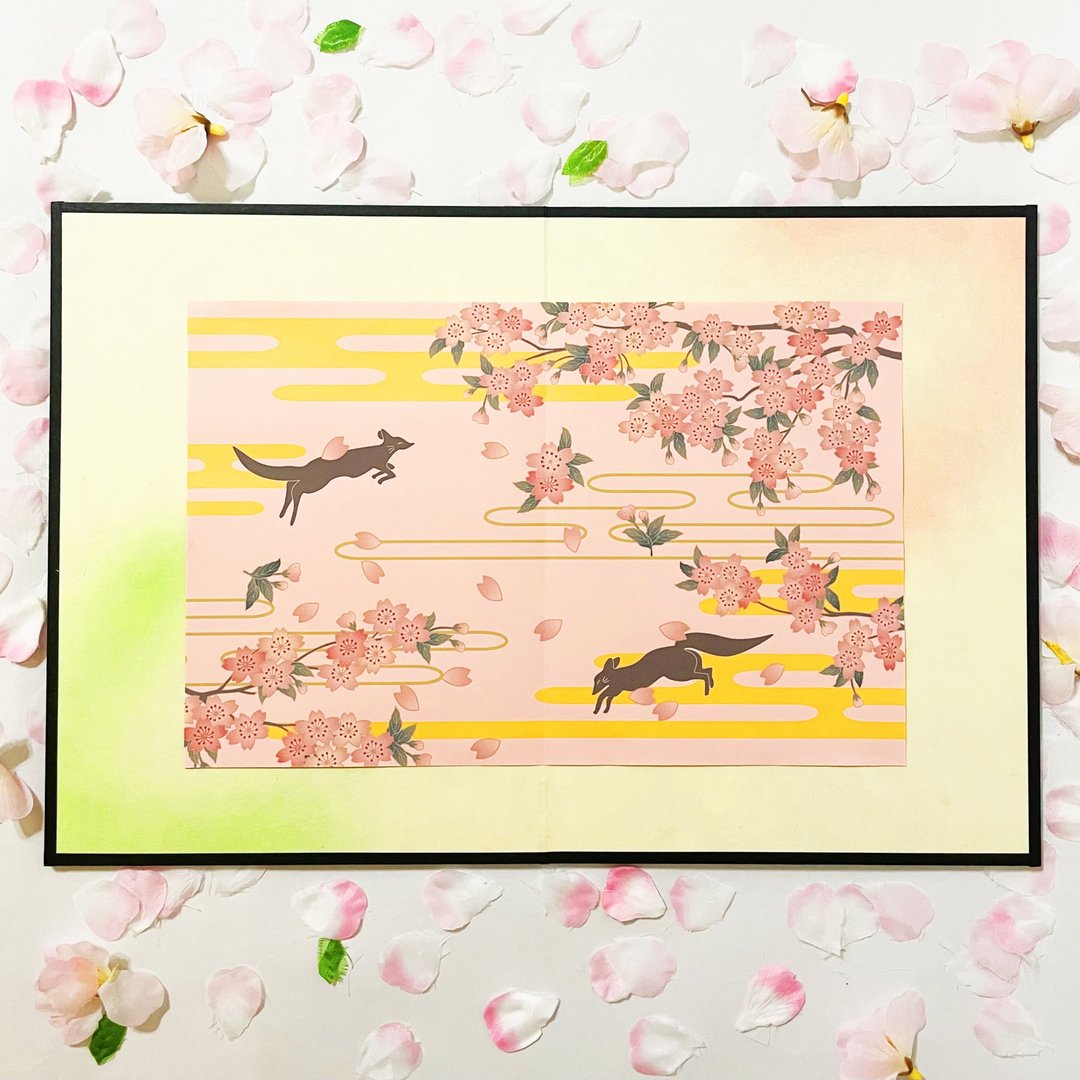 Sakura blizzard and fox spring decoration folding screen Shikishi Sakura cloud pine plum Japanese pattern spring illustration Kitsune no yome fox face - 海报/装饰画/版画 - 纸 粉红色