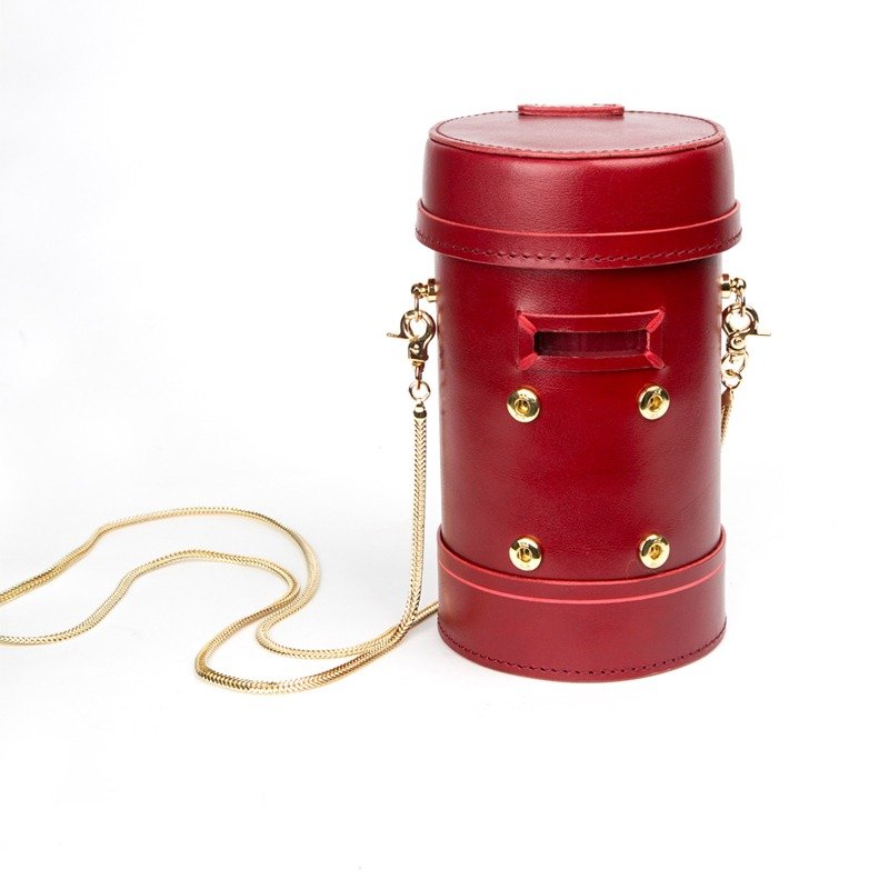 红色/棕色 手工制 时尚圆形盒子邮单肩包斜挎包 意大利进口植鞣牛皮 异地恋的情书 | 古良原创设计创意皮具 - 侧背包/斜挎包 - 真皮 红色