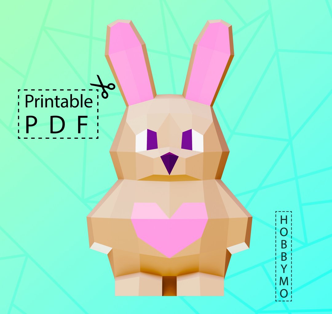 DIY Low Poly Cute Rabbit with Heart (printable pdf template). Paper Sculpture - 手工艺教程/工具书 - 其他材质 
