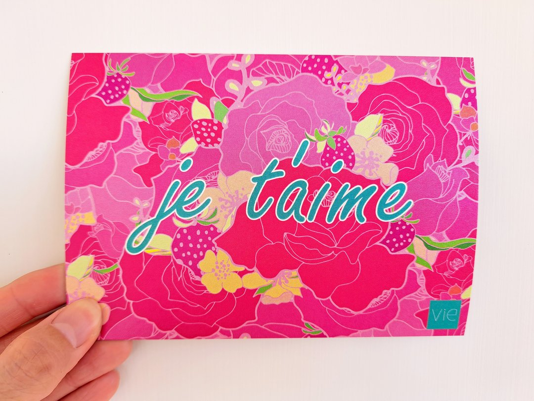 手绘印花图案卡片 - je t'aime - 卡片/明信片 - 纸 粉红色