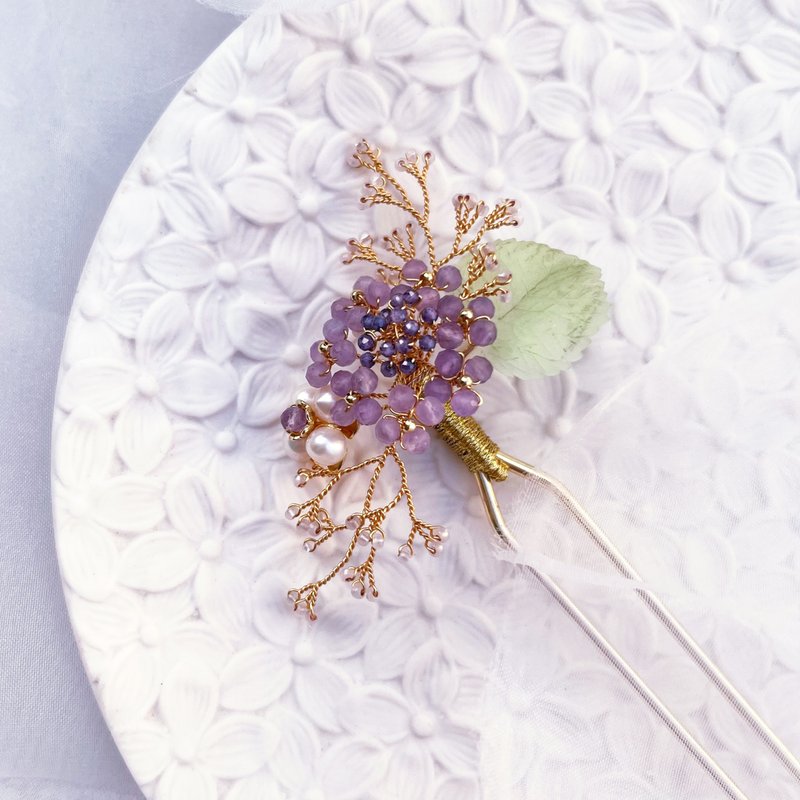 【莳花集】紫色绣球花。发簪。水晶花饰。新娘头饰。六月诞生花 - 发饰 - 半宝石 紫色