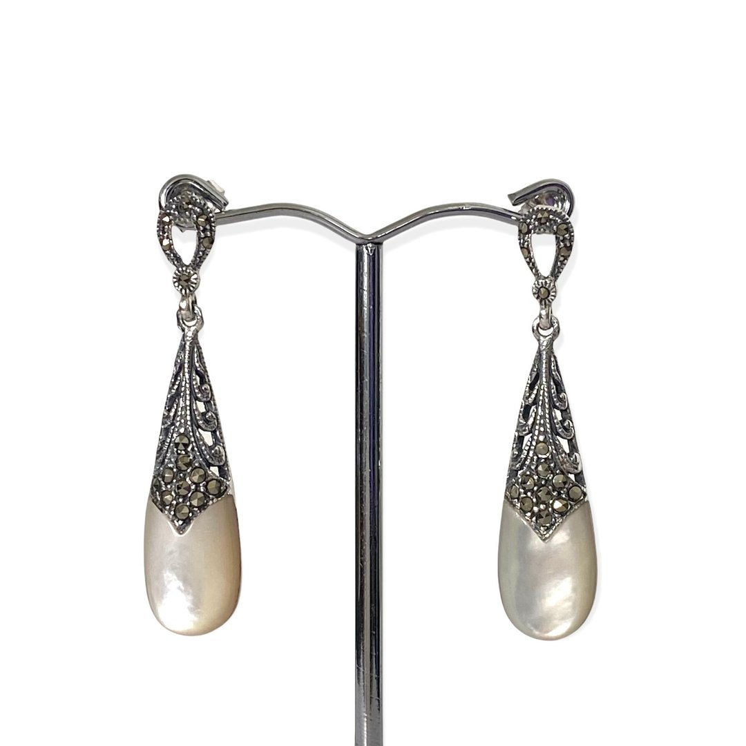 Art Deco Style Teardrop Mother of Pearl&amp;Stones Earrings/Set 925 Sterling Silver - 耳环/耳夹 - 纯银 白色