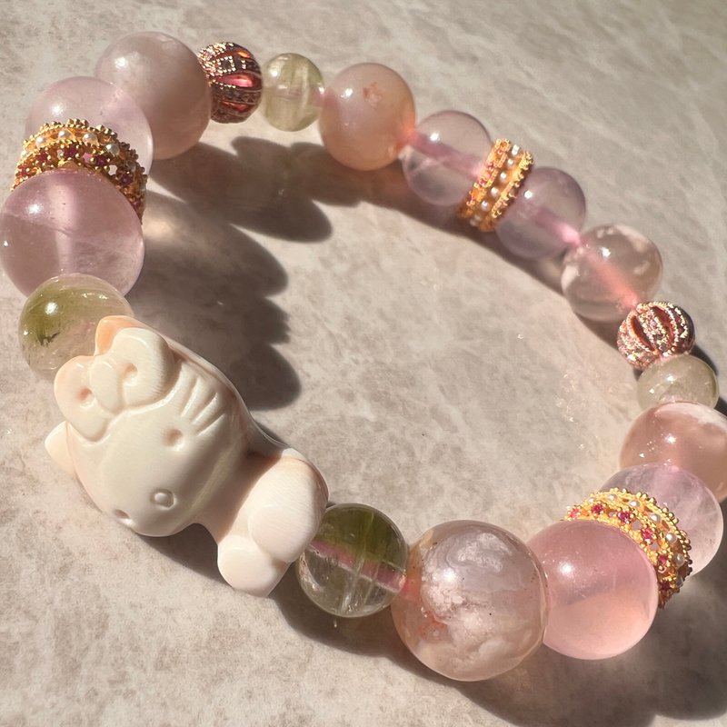 樱花玛瑙星光粉晶西瓜碧玺女王贝Hello Kitty设计款手链 - 手链/手环 - 水晶 粉红色