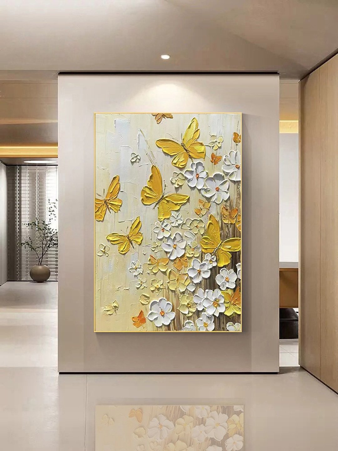 蝴蝶花 手绘原创抽象现代画客厅走廊玄关书房挂画奶油风田园风 - 海报/装饰画/版画 - 亚麻 金色