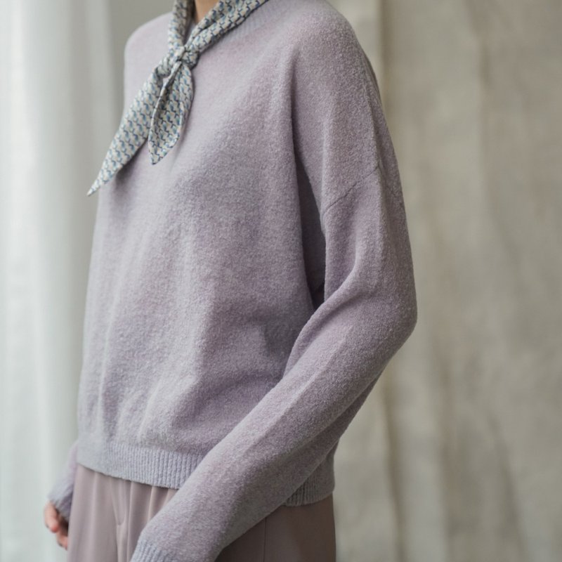 不期而遇 | 香芋紫色 肌理感微透内搭羊毛落肩 宽松素面起球毛衣 - 女装针织衫/毛衣 - 羊毛 紫色