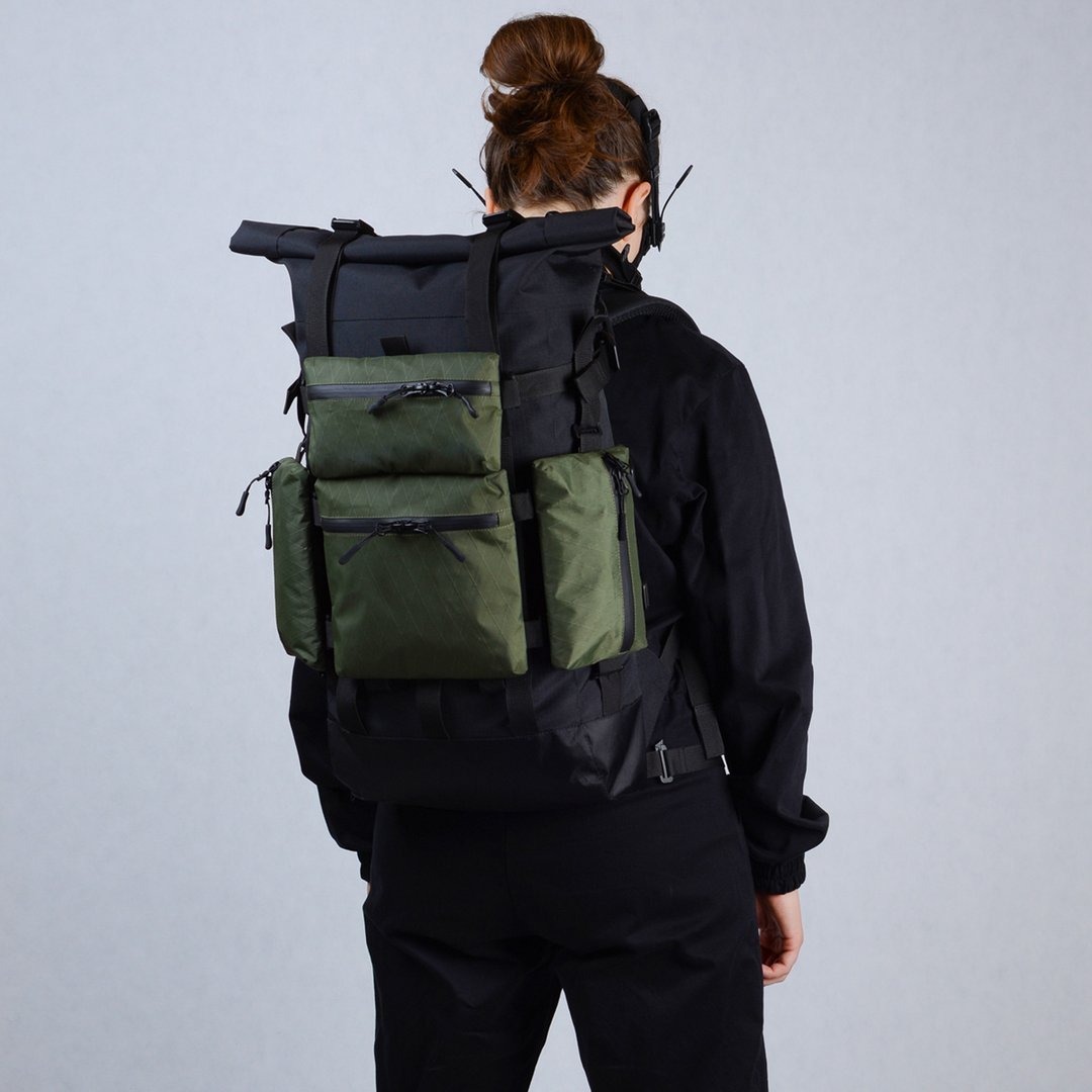 Black modular backpack wilth external detachable olive bags Techwear bag - 后背包/双肩包 - 其他材质 黑色