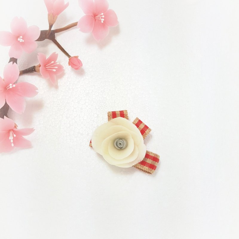 白色花朵红格纹发夹 浏海夹 - 发饰 - 粘土 白色