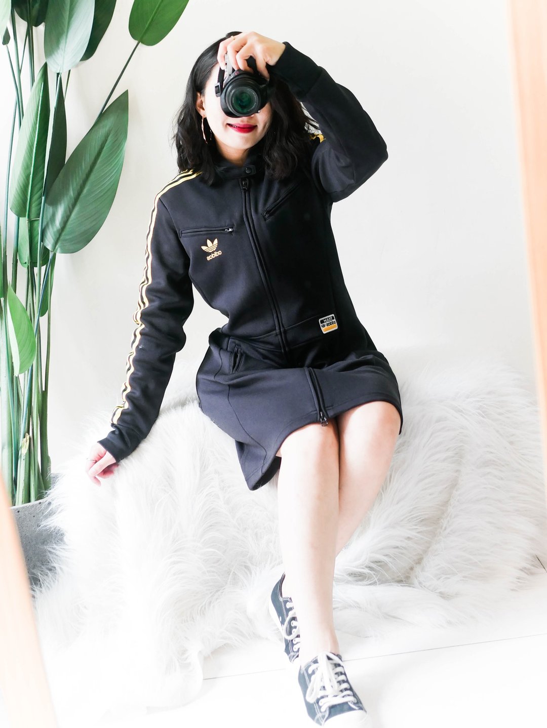 adidas 爱迪达三线连帽青春手札 古董棉质拉链连身洋装长裙 dress - 洋装/连衣裙 - 棉．麻 黑色